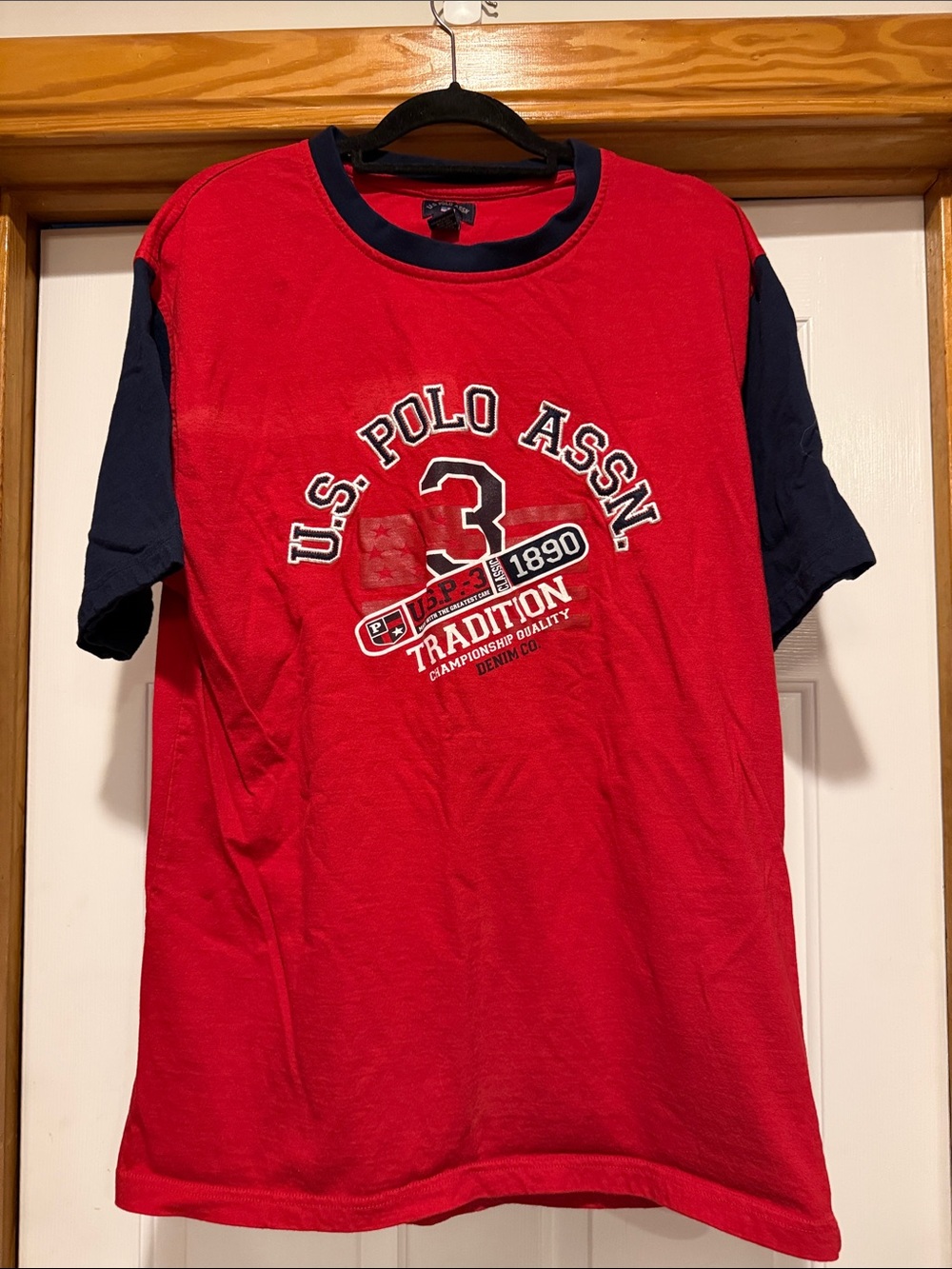 U.S. Polo Assn. Red Short Sleeve Tee with Navy Sleeves and Chest Graphic